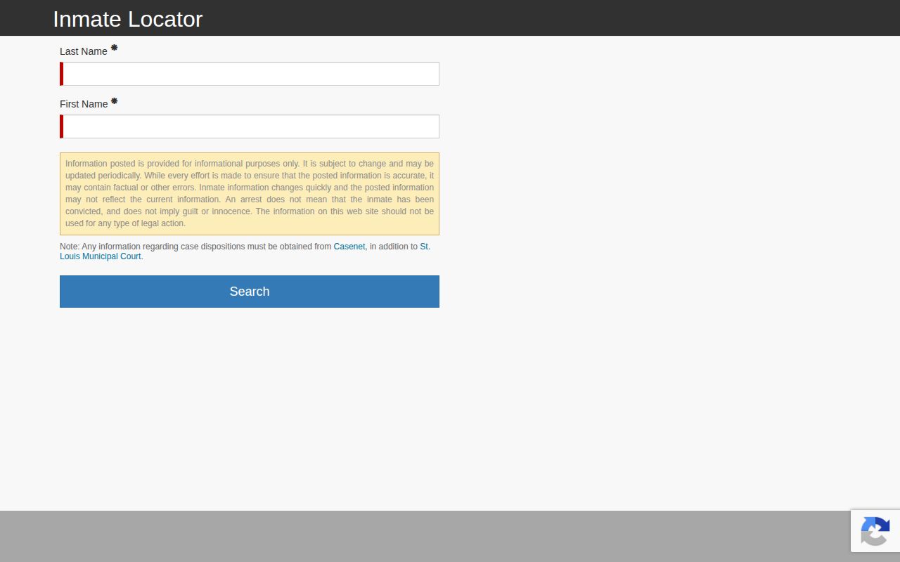 St. Louis City inmate locator search interface